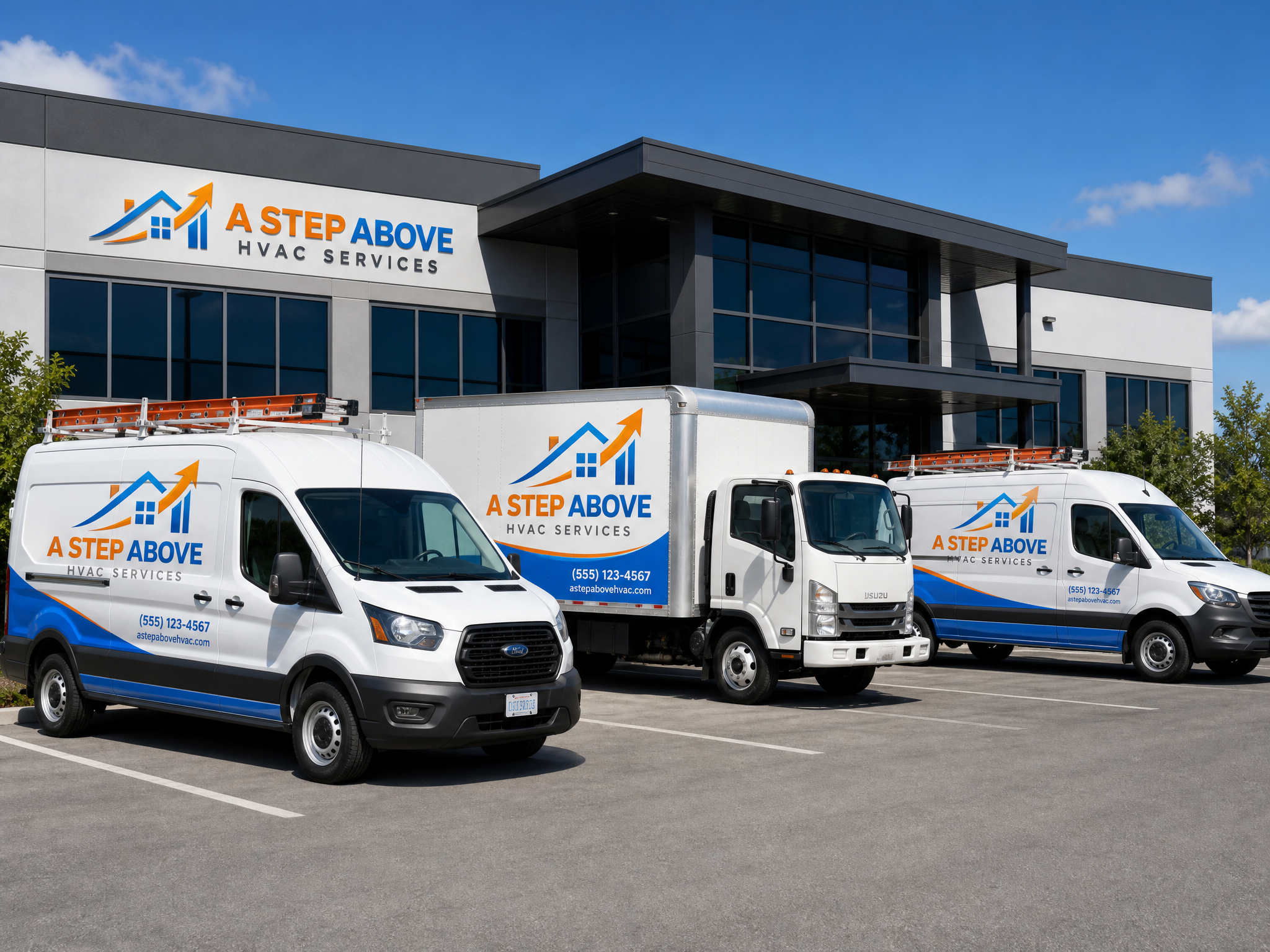 A Step Above CRM branded HVAC service trucks